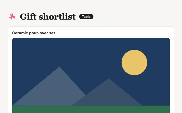 The Gift shortlist view Tabless builds, with made-up examples.