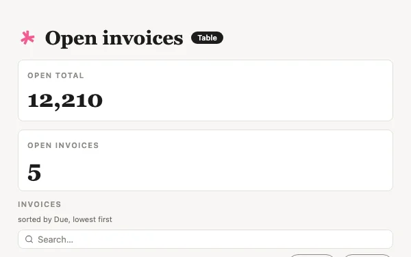 The Open invoices view Tabless builds, with made-up examples.