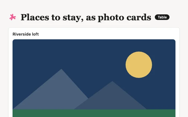 The Places to stay, as photo cards view Tabless builds, with made-up examples.