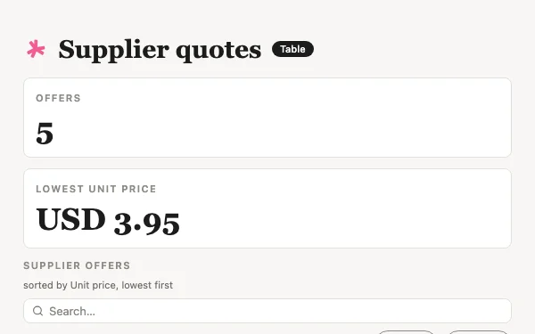 The Supplier quotes view Tabless builds, with made-up examples.