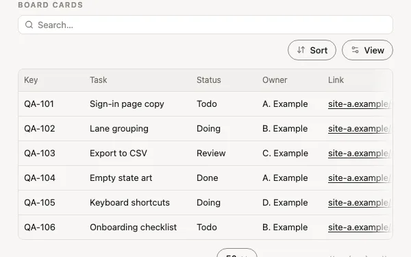 The Board to one table view Tabless builds, with made-up examples.