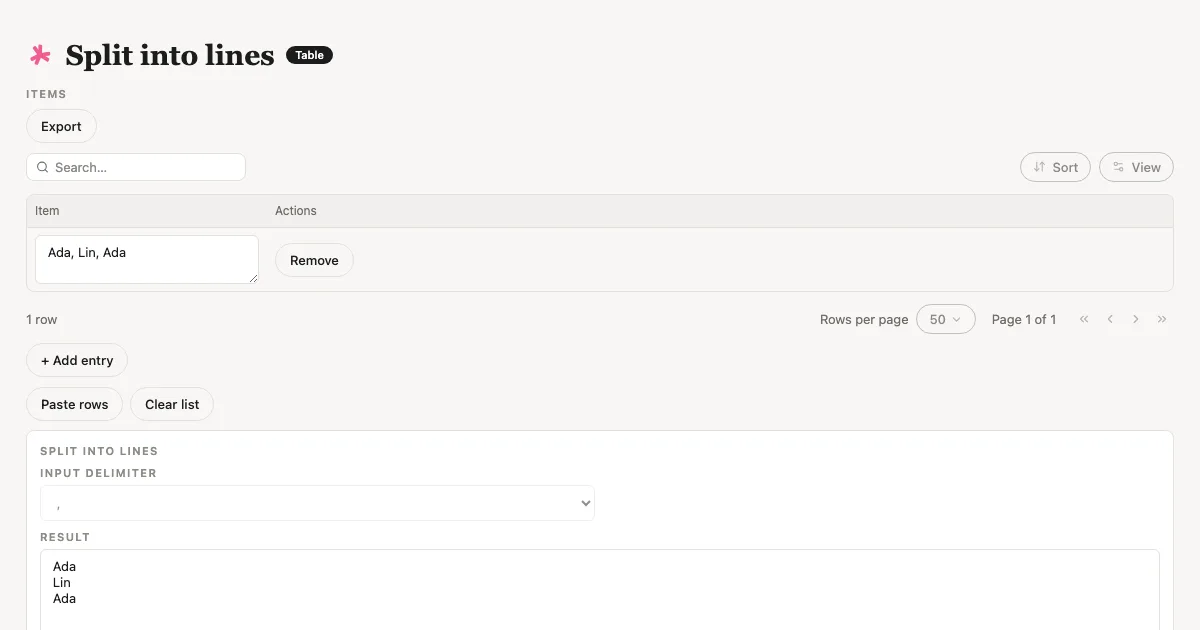 The Split into lines view Tabless builds, with made-up examples.