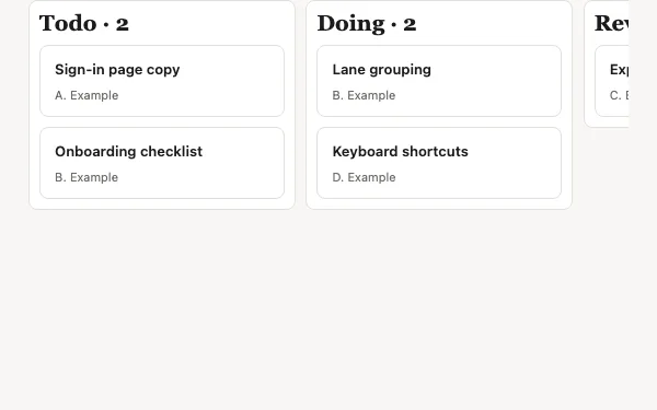 The Tasks as a board view Tabless builds, with made-up examples.