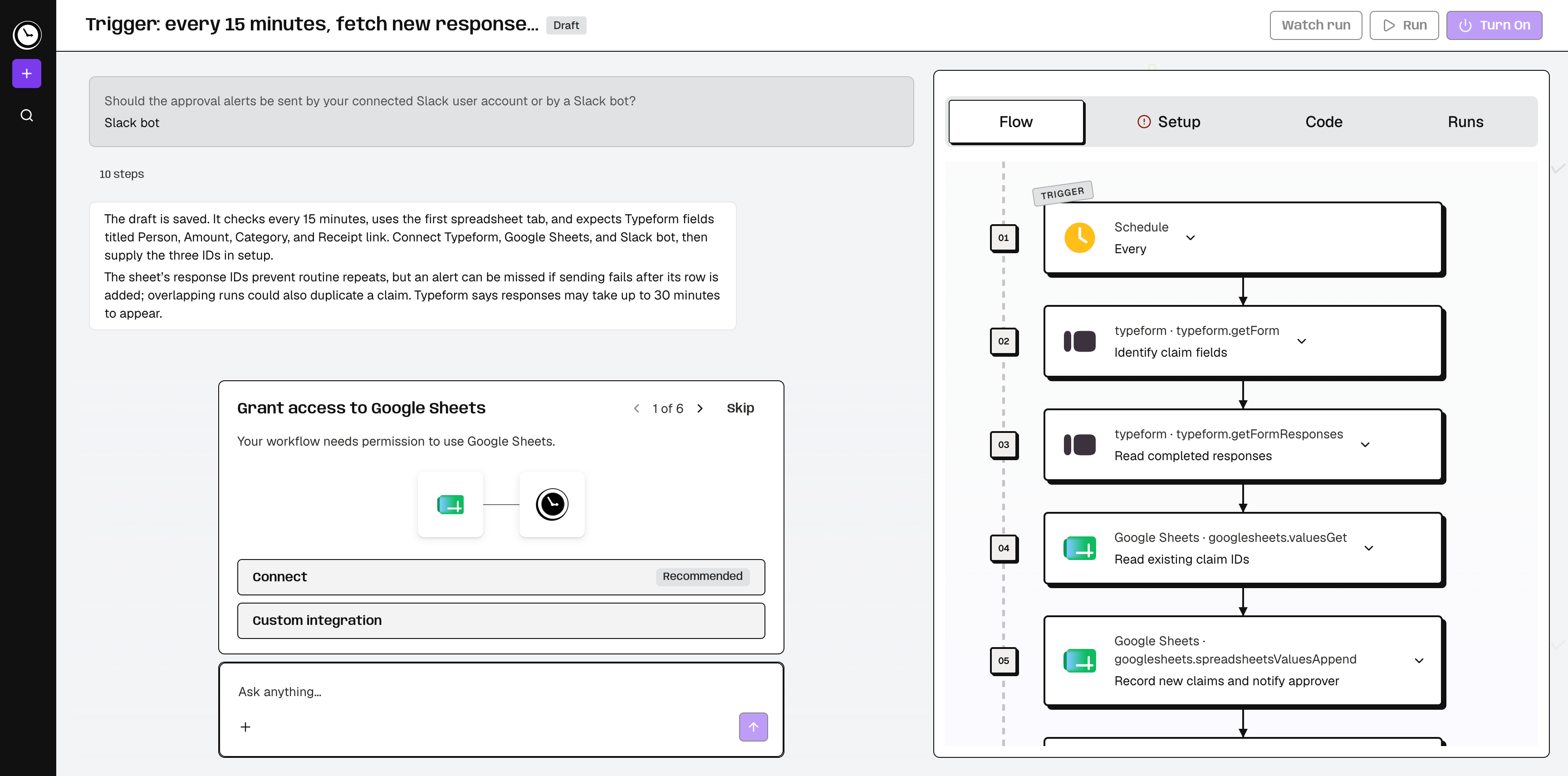 Workflow shown as step-by-step flow, with a one-click Connect Google Sheets card