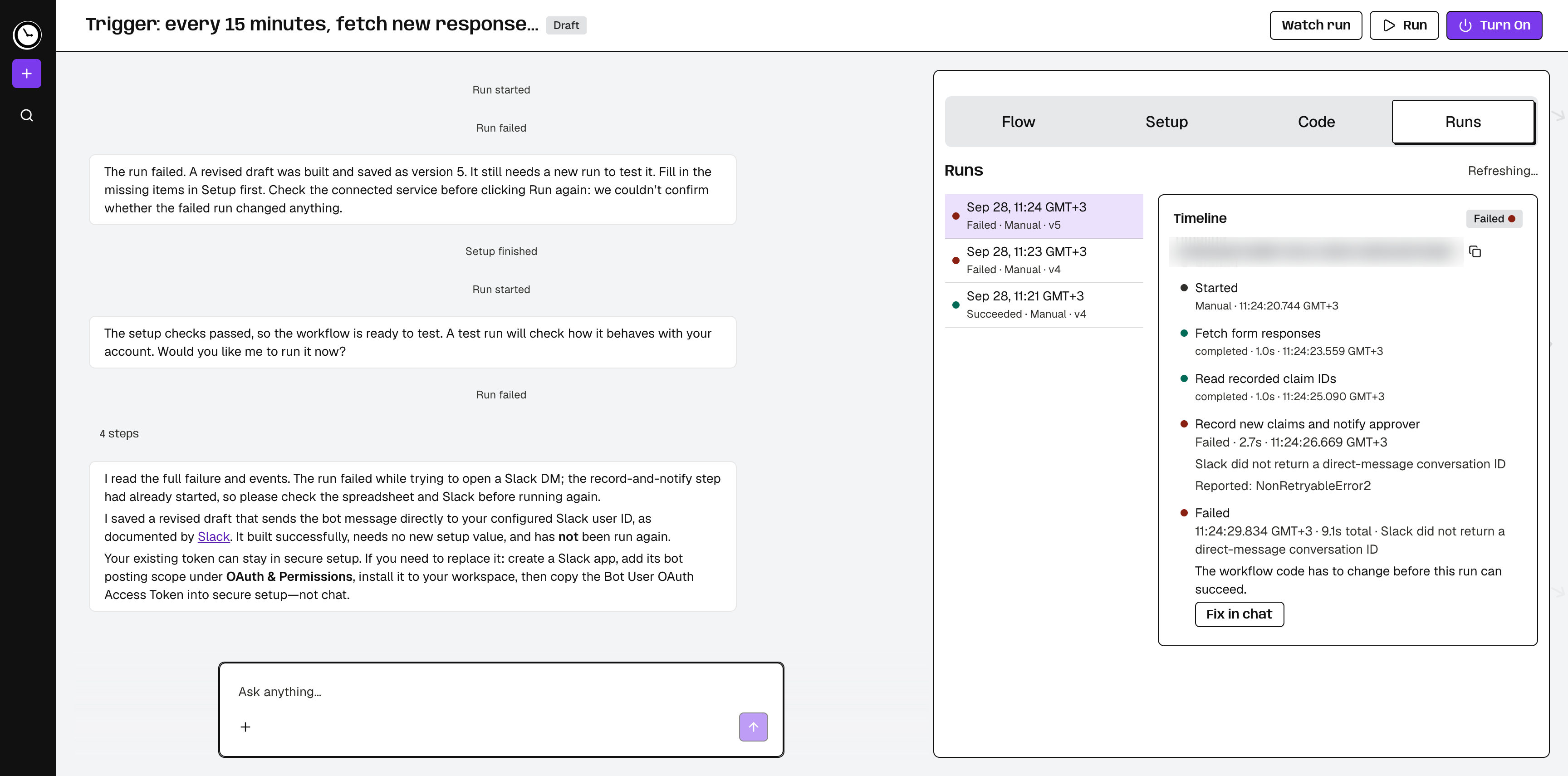 A failed run with a Fix in chat button and the AI explaining the fix