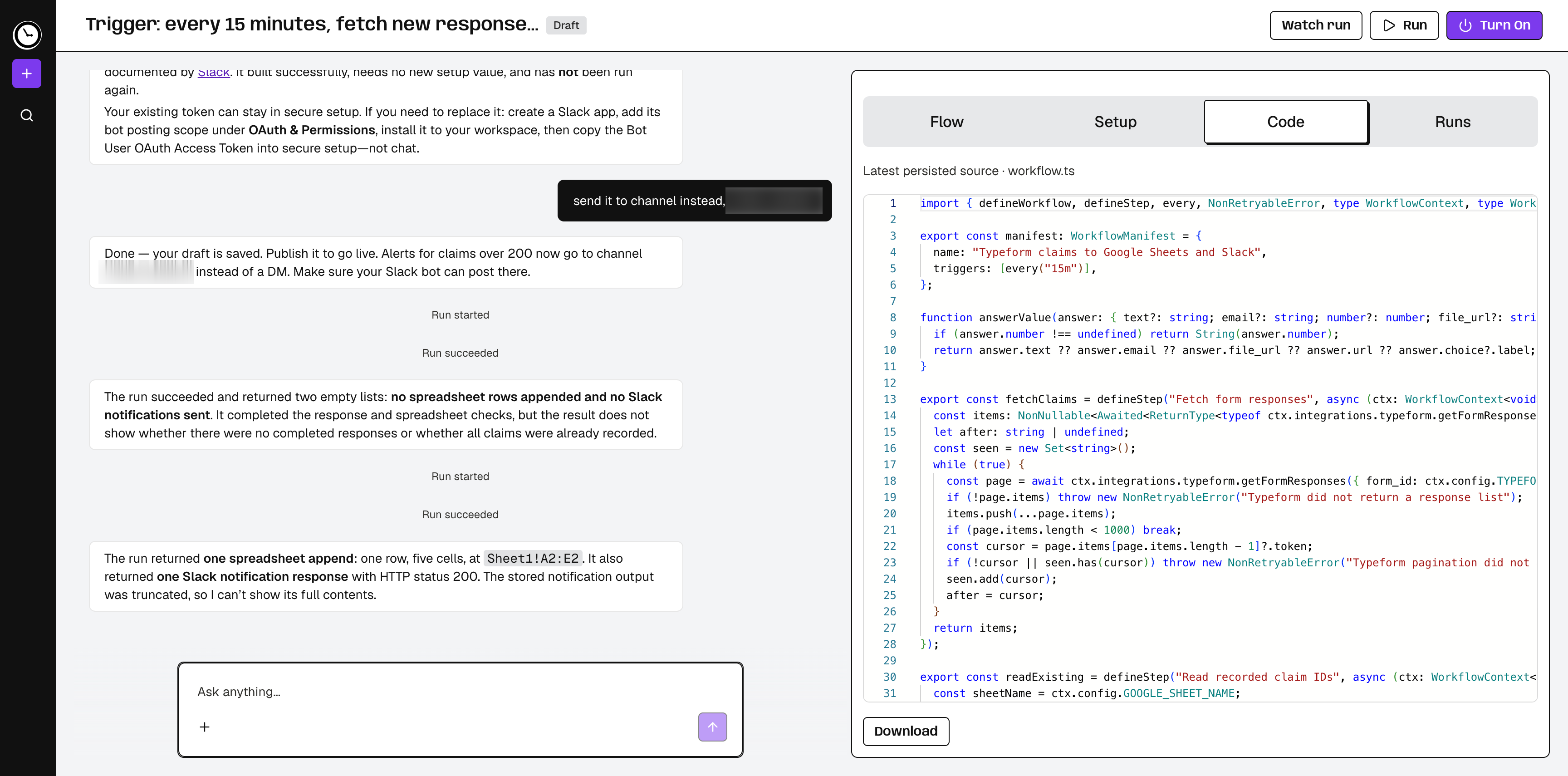 Workflow code view with a Download button