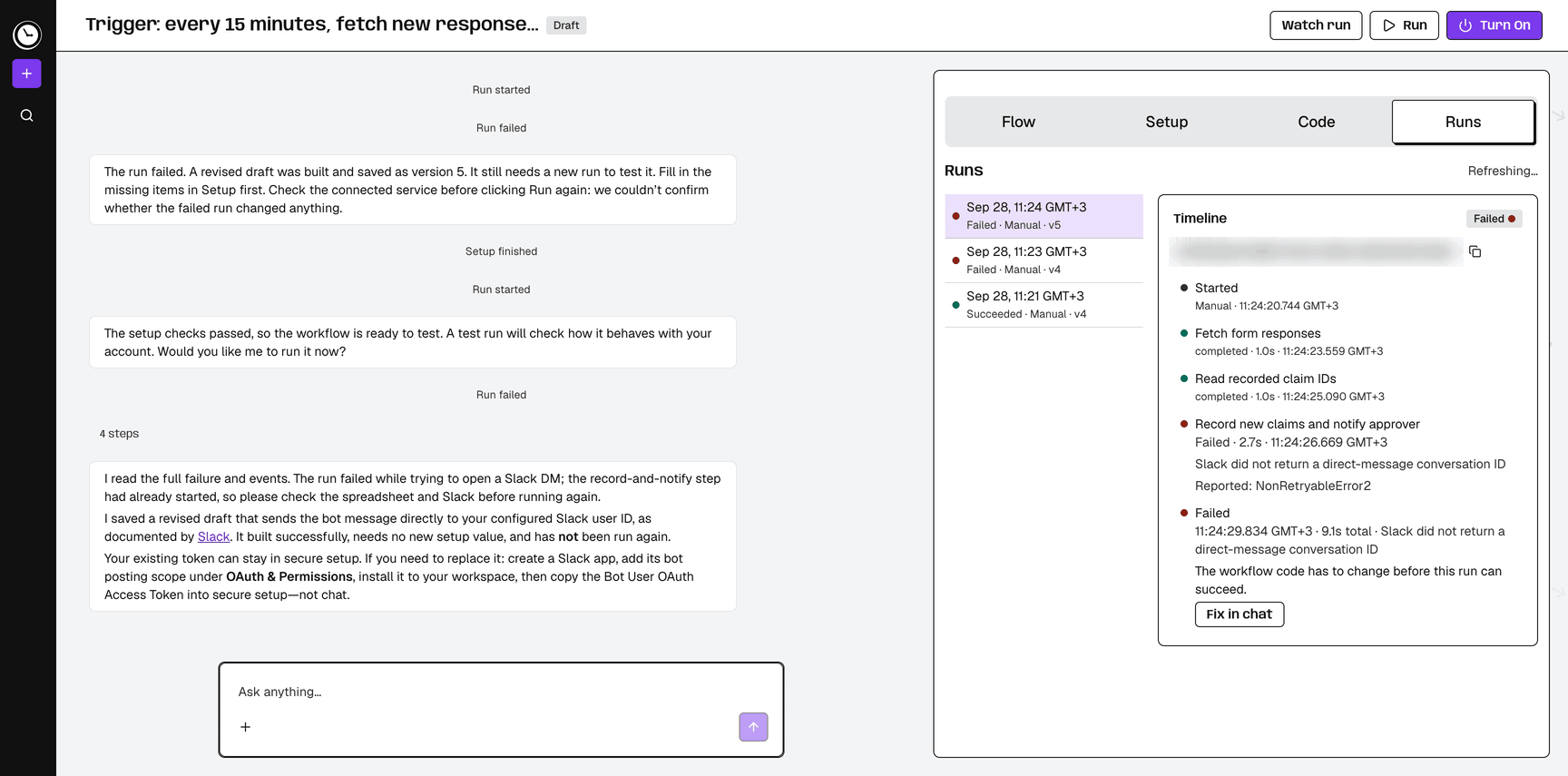 A failed run with a Fix in chat button and the AI explaining the fix