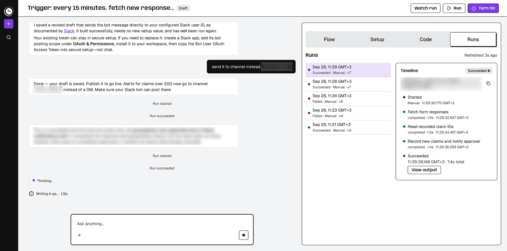 Completed run timeline with the output paragraph blurred; no new spreadsheet rows or Slack messages were produced