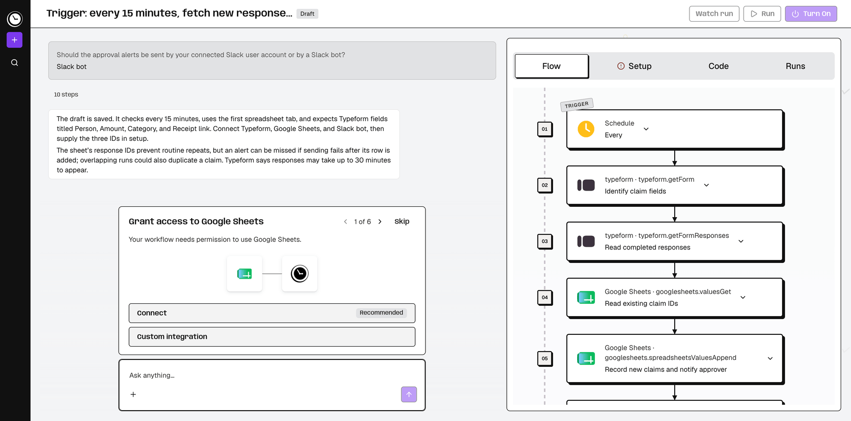 Workflow shown as step-by-step flow, with a one-click Connect Google Sheets card