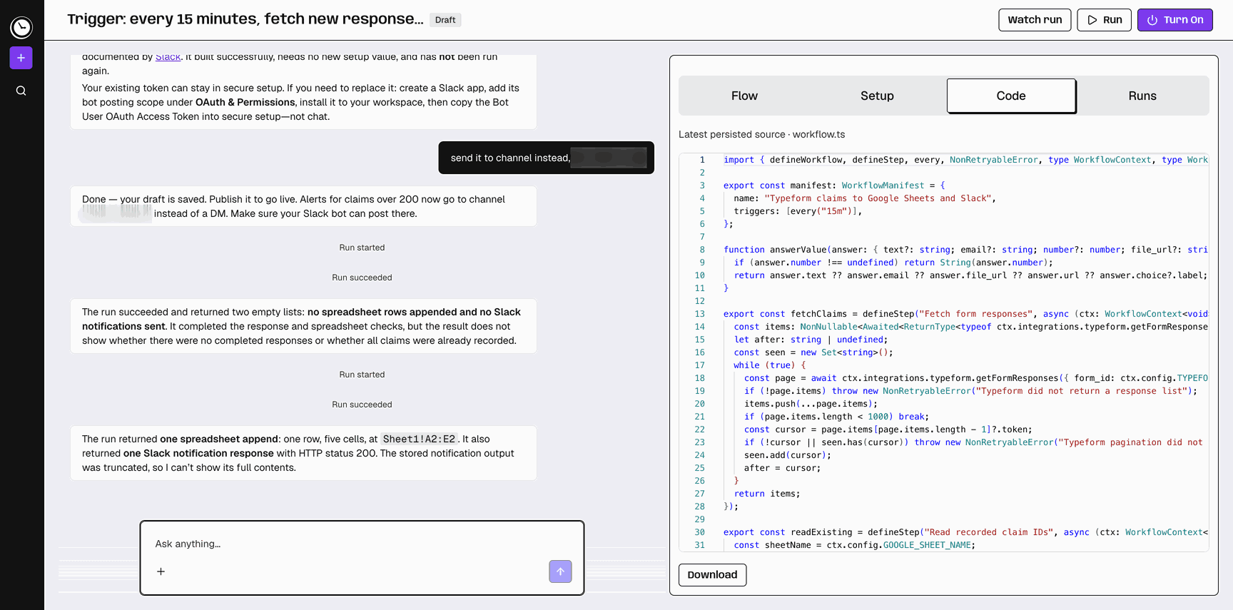 Workflow code view with a Download button