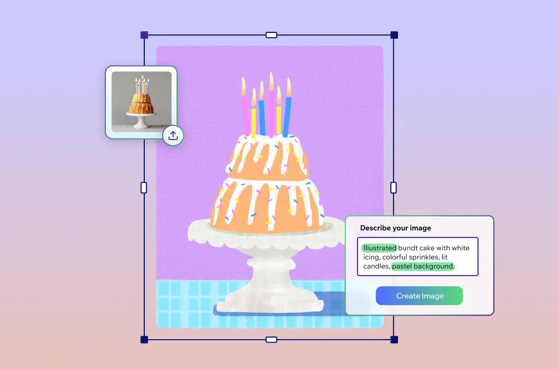 An illustrated bundt cake with white icing, colorful sprinkles and lit candles on a pastel background, created using an AI image generator.