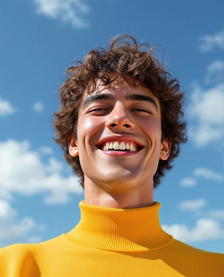A young man with curly brown hair, smiling broadly against a backdrop of a clear blue sky with scattered white clouds on a sunny day. He is wearing a yellow sweater.