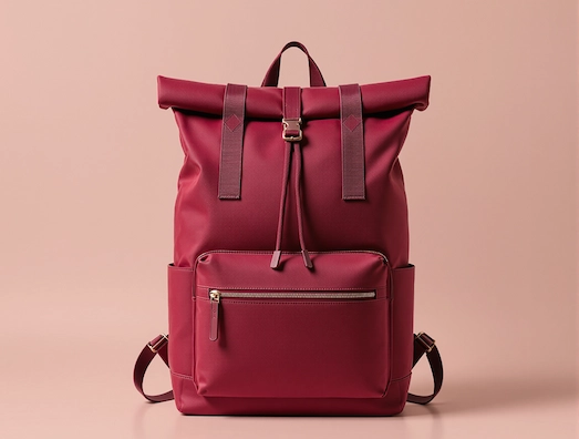 A stylish backpack that is predominantly maroon in color. The design includes a roll-top closure, providing a modern and chic look. It has a sleek surface with minimalistic features, including a zippered front pocket and fabric straps. The background is a soft pastel shade, enhancing the overall aesthetic of the backpack. The combination of materials and color gives it a trendy and sophisticated appearance.