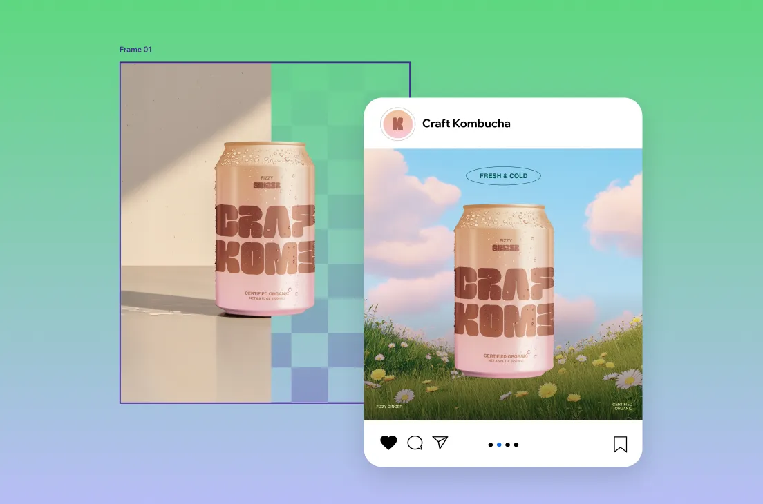 Side-by-side comparison of a craft kombucha can in a studio setting and a stylized Instagram post with a dreamy outdoor background.