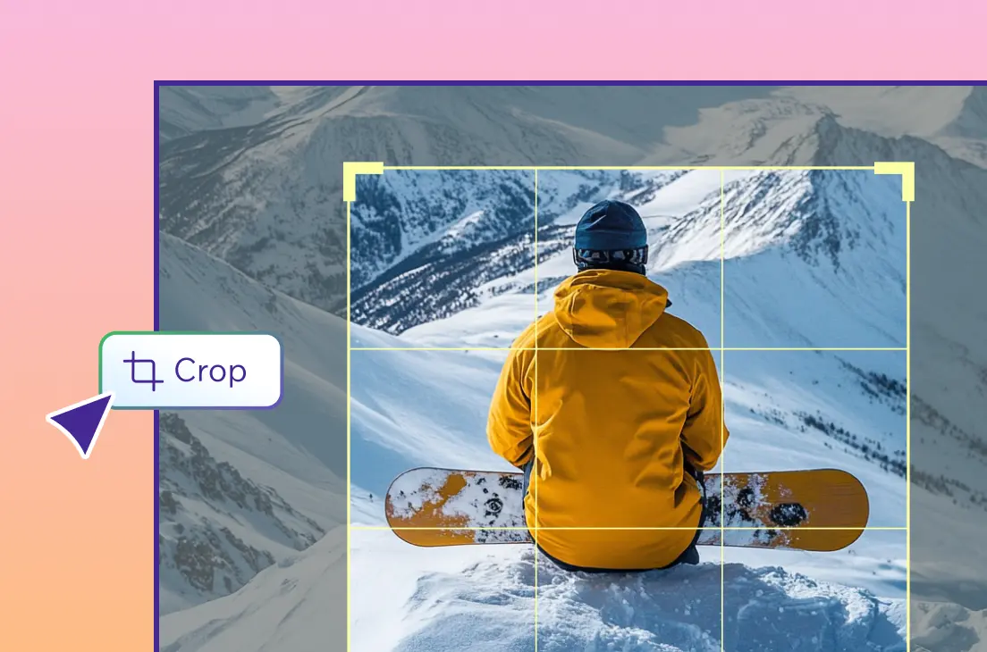 A smiling young couple posing against an AI-generated landscape background, with a playful cursor icon pointing to the image.