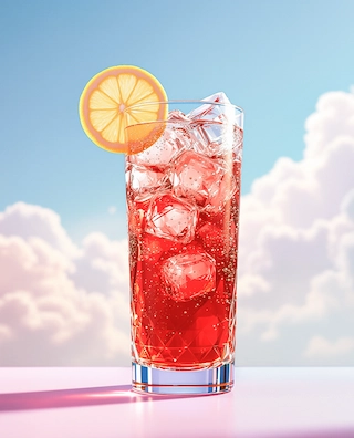 Fantasy commercial photography, low angle photo of an elegant, transparent collins sparkling tall cocktail glass filled with some ice cubes and a bubbly deep red drink with half a slice of lemon on the rim adding a vibrant, colorful, and refreshing touch. Glass is placed on a gradient light lilac counter, set against a softly lit, very light and bright blue sky background with fantasy fluffy clouds and warm tones.