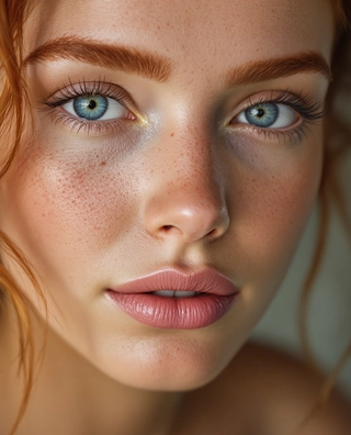 A view of the character's face, emphasizing the skin texture and facial features. The character is red-headed with very fair light skin adorned with freckles, smooth, hydrated skin, naturally shaped lips, and a delicate nose.
