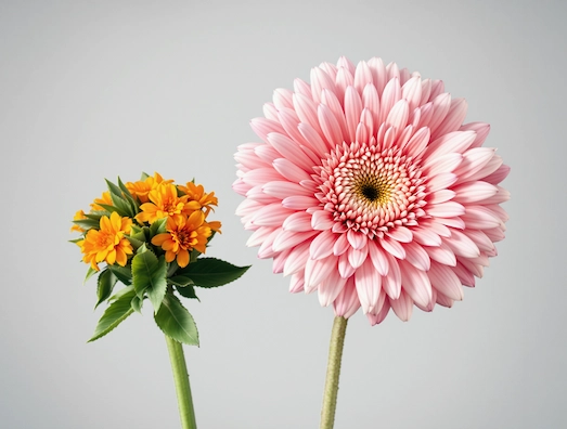 Two vibrant flowers against a soft gray background. On the left, there is a round cluster of small orange flowers with green leaves, radiating a cheerful and bright appearance. On the right, a large pink flower, resembling a gerber daisy, displays intricate petals with white tips. The combination of the two flowers creates a striking contrast of colors and shapes, highlighting their natural beauty.